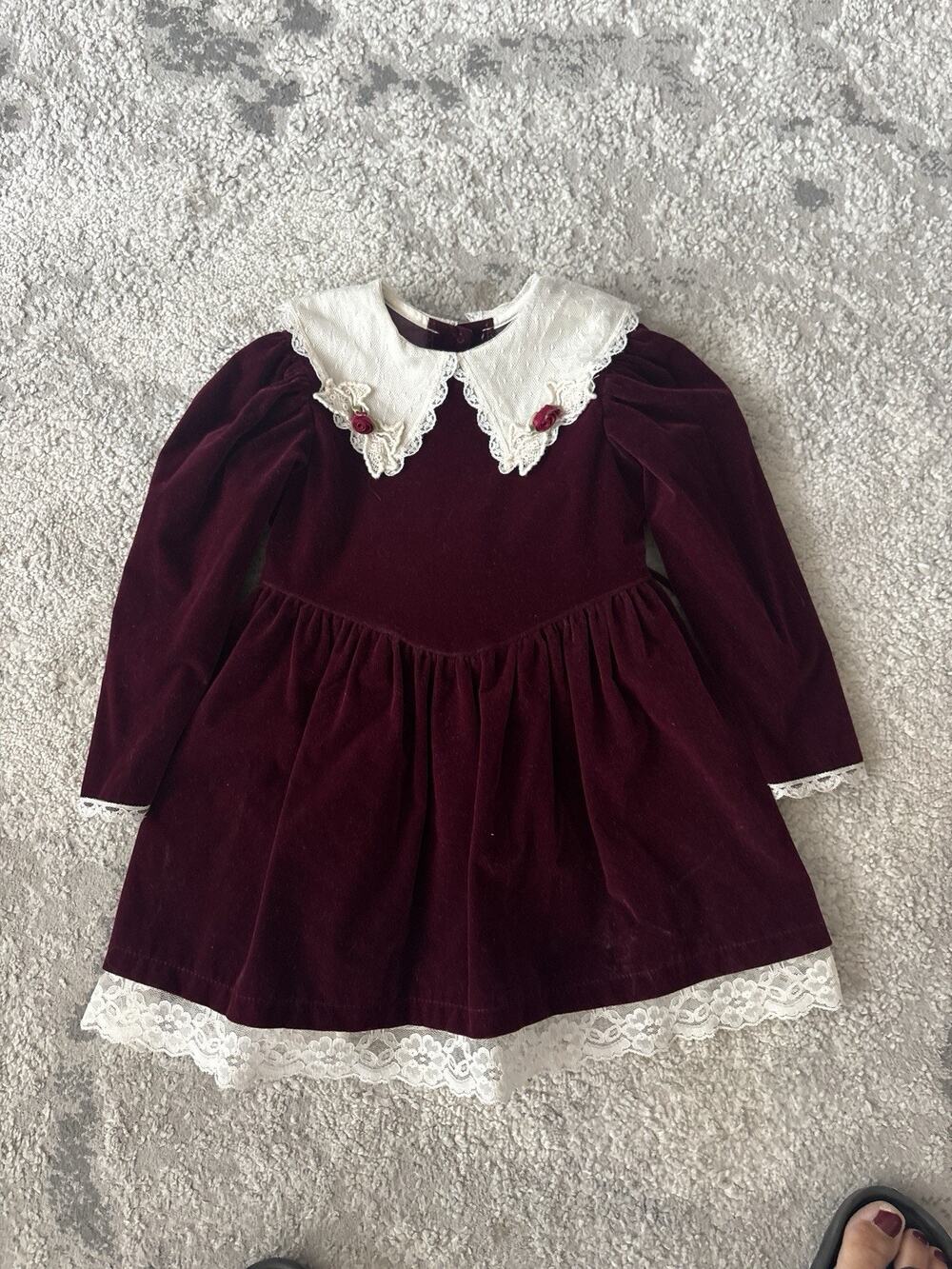 Vintage Girls Brooke Lindsay Velvet Dress Crochet Trim Flare Belt Sz 4 NWT